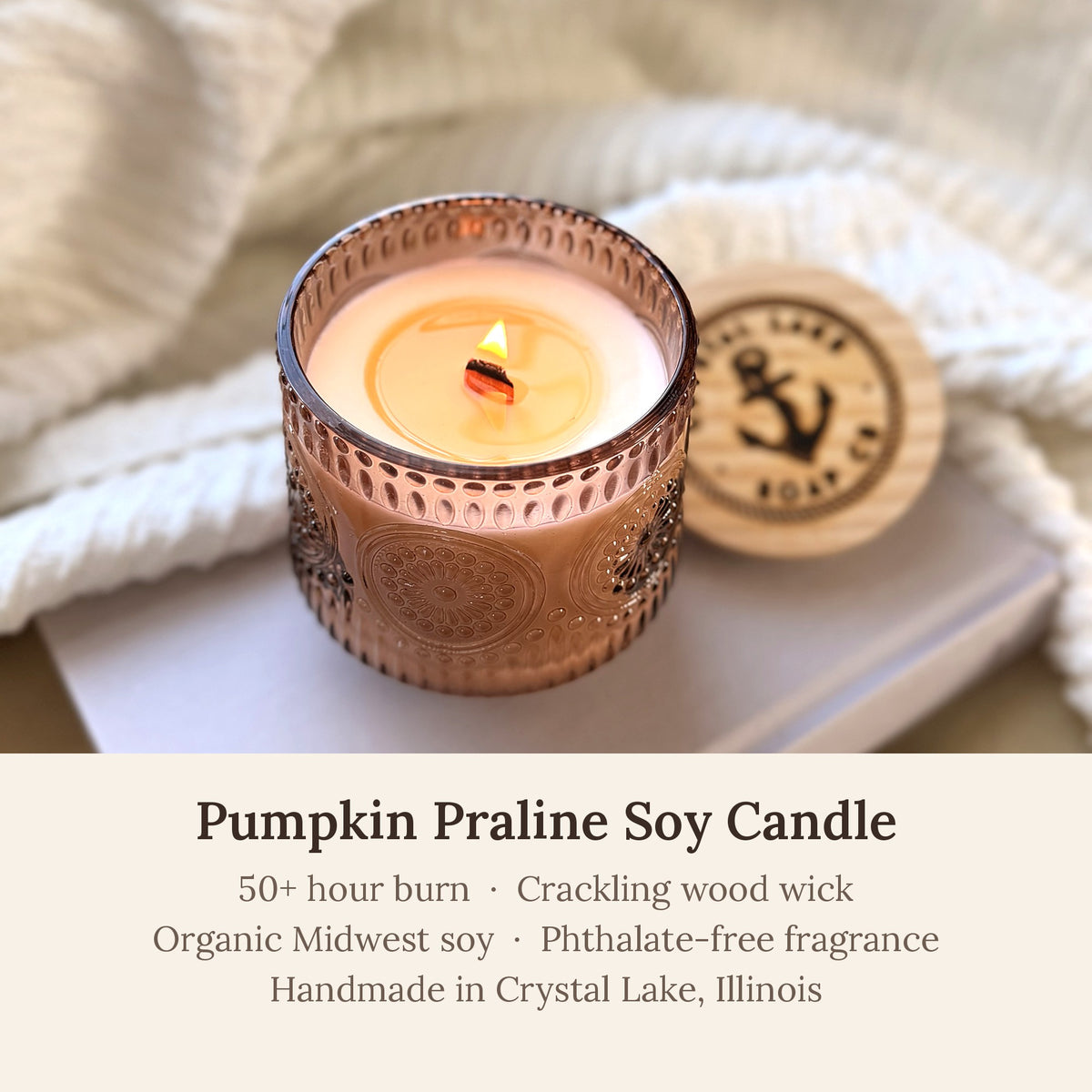 Pumpkin Praline Soy Candle: 50+ hour burn, crackling wood wick, organic Midwest soy, phthalate-free fragrance